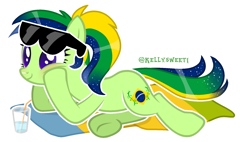 Size: 1957x1113 | Tagged: safe, artist:kellysweet1, oc, oc only, oc:maria potranca, earth pony, pony, alternate hairstyle, blushing, brazil, drink, female, glass, mare, multicolored hair, ponytail, simple background, straw, sunglasses, towel, transparent background