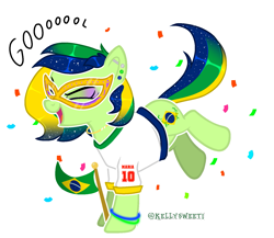 Size: 1585x1374 | Tagged: safe, artist:kellysweet1, oc, oc only, oc:maria potranca, earth pony, pony, brazil, clothes, confetti, ear piercing, earring, excited, eyes closed, eyeshadow, female, flag, goal, happy, jewelry, makeup, mare, mask, multicolored hair, piercing, raised leg, shirt, simple background, solo, t-shirt, transparent background, wristband