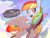 Size: 2500x1909 | Tagged: safe, artist:nookprint, rainbow dash, pegasus, pony, g4, blushing, clothes, cloud, cute, dashabetes, dialogue, female, flag, i'm not cute, mare, open mouth, solo, speech bubble, spread wings, stomping, talking, talking to viewer, tsunderainbow, tsundere, uniform, wings, wonderbolt trainee uniform