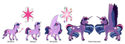 Size: 7000x2460 | Tagged: safe, artist:jackiebloom, twilight sparkle, alicorn, pony, unicorn, g4, the last problem, age progression, alternate cutie mark, alternate design, colored wings, ethereal mane, hoers, multicolored wings, older, older twilight, older twilight sparkle (alicorn), princess twilight 2.0, simple background, size comparison, size difference, solo, spread wings, starry mane, transparent background, twilight sparkle (alicorn), ultimate twilight, unicorn twilight, wings