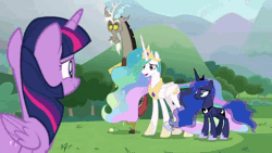 Size: 600x338 | Tagged: safe, editor:zcord, screencap, discord, princess celestia, princess luna, twilight sparkle, alicorn, draconequus, pony, g4, season 9, the ending of the end, animated, bowing, crown, cute, discute, eyes closed, female, gif, group, hand on hip, hooves to the chest, horn, horns, jewelry, male, mare, proud, quartet, regalia, royal sisters, siblings, sisters, smiling, tree, twilight sparkle (alicorn), when he smiles