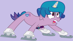 Size: 1698x974 | Tagged: safe, artist:jadeharmony, artist:princesslilybrush, izzy moonbow, pony, unicorn, g4, g5, winter wrap up, base used, female, g5 to g4, generation leap, ice skates, ice skating, mare, open mouth, purple background, simple background, solo