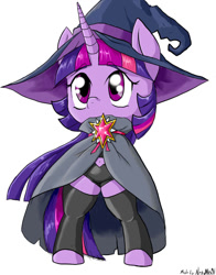 Size: 799x1019 | Tagged: safe, artist:a.s.e, twilight sparkle, semi-anthro, g4, cape, chibi, clothes, costume, female, hat, jewelry, mare, necklace, simple background, socks, solo, thigh highs, white background, witch, witch hat