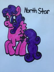 Size: 2448x3264 | Tagged: safe, artist:maddiedraws5678, north star (g1), pegasus, pony, g1, g4, curly hair, curly mane, curly tail, cute, female, flapping, flying, full body, g1 to g4, generation leap, high res, hooves, mare, north star can fly, northabetes, simple background, smiling, solo, tail, traditional art, white background
