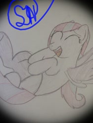 Size: 960x1280 | Tagged: safe, artist:mlpluckycharm, oc, oc only, oc:gemheart, pegasus, pony, female, lying down, mare, on back, open mouth, pencil drawing, smiling, traditional art, wings