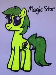 Size: 2448x3264 | Tagged: safe, artist:maddiedraws5678, magic star, earth pony, pony, g1, g4, adorablestar, colored, cute, female, full body, g1 to g4, generation leap, green hair, green mane, green tail, high res, hooves, mare, purple eyes, simple background, smiling, solo, standing, tail, traditional art, white background