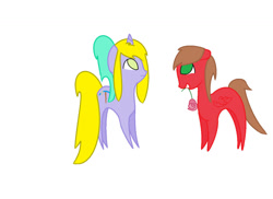 Size: 1024x745 | Tagged: safe, artist:mlpluckycharm, oc, oc only, oc:lucky charm, oc:that purple pony, earth pony, pony, unicorn, chibi, colt, female, foal, horn, male, mare, mouth hold, ponytail, simple background, smiling, stallion, white background