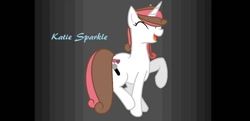 Size: 1023x495 | Tagged: safe, artist:mlpluckycharm, oc, oc only, oc:katie sparkle, pony, unicorn, eyes closed, female, heart, horn, mare, microphone, open mouth, raised hoof, raised leg, smiling, text
