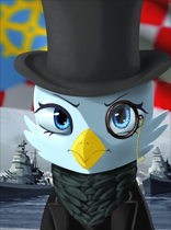 Size: 156x210 | Tagged: safe, oc, oc only, oc:genevieve guildedwing, griffon, equestria at war mod, annoyed, beak, blue eyes, boat, bust, clothes, female, flag, hat, monocle, monocle and top hat, necktie, portrait, ship, solo, suit, top hat