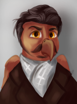 Size: 156x210 | Tagged: safe, oc, oc only, oc:wingbert rohmer, griffon, equestria at war mod, beak, bust, clothes, facial hair, gray background, griffon oc, griffonized, hair, josef stalin, moustache, orange eyes, portrait, simple background, solo, species swap, wings