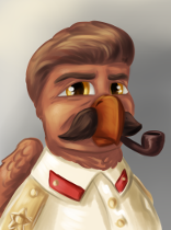 Size: 156x210 | Tagged: safe, oc, oc only, oc:wingbert rohmer, griffon, equestria at war mod, clothes, facial hair, folded wings, gray background, griffon oc, griffonized, hair, josef stalin, moustache, orange eyes, pipe, simple background, solo, species swap, uniform, wings