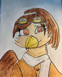 Size: 2763x3422 | Tagged: safe, artist:schwarz, oc, oc:zahnrad, griffon, clothes, goggles, high res, ponytail, solo, traditional art, watercolor painting