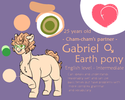 Size: 1000x800 | Tagged: safe, artist:saasart, oc, oc only, oc:gabriel, earth pony, pony, chest fluff, chubby, cutie mark, earth pony oc, glasses, green eyes, male, orange mane, peach coat, purple background, reference sheet, simple background, stallion, stubble, text