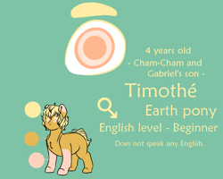 Size: 1000x800 | Tagged: safe, artist:saasart, oc, oc only, oc:timothe, earth pony, pony, blonde mane, coat markings, colt, earth pony oc, foal, male, orange coat, orange eyes, pink coat, reference sheet, simple background, socks (coat markings), son, teal background, text, two toned coat