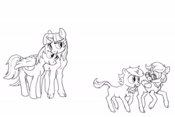 Size: 2048x1374 | Tagged: safe, artist:spectralunicorn, derpy hooves, dinky hooves, twilight sparkle, oc, oc:nyx, alicorn, classical unicorn, pegasus, pony, unicorn, g4, black and white, clothes, cloven hooves, female, filly, foal, glasses, grayscale, horn, hug, leonine tail, lesbian, lineart, mare, monochrome, running, ship:twerpy, shipping, simple background, twilight sparkle (alicorn), unshorn fetlocks, vest, white background, winghug, wings