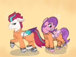 Size: 1335x1000 | Tagged: safe, artist:cloudpeakskate, pipp petals, zipp storm, pegasus, pony, g5, bound wings, clothes, cuffs, duo, emanata, frustrated, jumpsuit, prison outfit, prisoner, prisoner pipp, prisoner zipp, shackles, wings