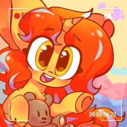 Size: 2048x2048 | Tagged: safe, artist:sunny berry, oc, oc only, oc:cinderheart, bear, pony, unicorn, cute, female, looking at you, open mouth, open smile, pillow, plushie, smiling, smiling at you, solo, teddy bear