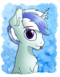 Size: 960x1217 | Tagged: safe, artist:etheria galaxia, oc, oc only, oc:scratch wub, pony, unicorn, :p, abstract background, bust, chest fluff, colored pupils, ear fluff, eyebrows, horn, looking at you, male, portrait, purple eyes, signature, smiling, smiling at you, solo, stallion, tongue out, unicorn oc