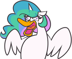 Size: 4250x3452 | Tagged: safe, artist:threetwotwo32232, princess celestia, bird, duck, g4, ducklestia, eye clipping through hair, female, laughing, majestic as fuck, mare, simple background, solo, species swap, transparent background