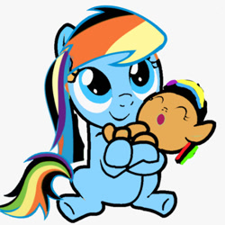 Size: 611x611 | Tagged: safe, artist:jeremythebronyfan276, oc, oc only, oc:juliana dash, oc:kayla dash, pony, baby, baby pony, eyes closed, female, filly, foal, holding a pony, looking up, offspring, parent:oc:jeremy, parent:rainbow dash, parents:canon x oc, simple background, sitting, smiling, white background