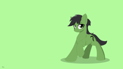 Size: 1920x1080 | Tagged: safe, artist:ricy, oc, oc only, oc:anon stallion, earth pony, pony, earth pony oc, green background, green eyes, lineless, looking at you, male, raised eyebrow, raised hoof, simple background, solo, stallion, wallpaper