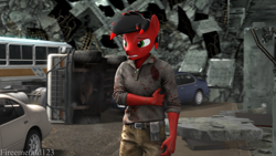 Size: 3840x2160 | Tagged: safe, artist:fireemerald123, oc, oc only, oc:page feather, anthro, 3d, blood, car, destruction, high res, injured, rubble, ruins, source filmmaker, watermark