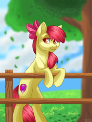 Size: 810x1080 | Tagged: safe, artist:nightcallerdraws, artist:scribble, apple bloom, earth pony, pony, g4, female, fence, filly, foal, leaves, older, older apple bloom, smiling, solo, tree