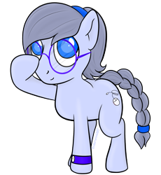 Size: 1377x1500 | Tagged: safe, artist:underwoodart, oc, oc only, oc:doubleclick, earth pony, pony, blue coat, blue eyes, braided tail, computer mouse, earth pony oc, female, glasses, gray mane, hair tie, hairband, mare, round glasses, simple background, solo, tail, transparent background, watch, wristwatch