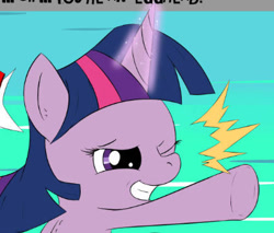 Size: 404x345 | Tagged: safe, artist:neko-me, edit, editor:pagiepoppie12345, twilight sparkle, pony, unicorn, g4, ace attorney, cropped, emanata, female, glowing, glowing horn, grin, horn, horngasm, magic, mare, objection, one eye closed, orgasm, pointing, smiling, unicorn twilight, wink