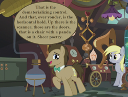 Size: 924x704 | Tagged: safe, edit, edited screencap, editor:korora, screencap, derpy hooves, doctor whooves, time turner, earth pony, pegasus, pony, g4, slice of life (episode), cropped, doctor who, doctor whooves' lab, female, flameless fireworks, lamp, male, mare, speech, speech bubble, stallion, talking, the doctor