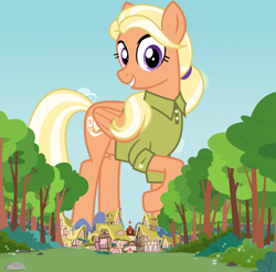 Size: 1280x1262 | Tagged: safe, artist:boneswolbach, artist:cheezedoodle96, artist:thegiantponyfan, edit, mane allgood, pegasus, pony, g4, clothes, female, folded wings, giant pegasus, giant pony, giantess, grin, houses, looking at you, macro, mare, mega giant, outdoors, ponyville, raised hoof, smiling, smiling at you, solo, tree, wings