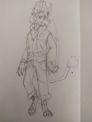 Size: 540x720 | Tagged: safe, artist:xasslash, oc, oc:flynn the icecold, griffon, anthro, bandana, beanie, clothes, hat, male, paw sneakers, photo, sketch, solo, suspenders, traditional art