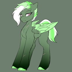 Size: 2000x2000 | Tagged: safe, artist:clay_pony_, derpibooru exclusive, oc, oc only, oc:virulent conveyance, pegasus, pony, fanfic:pegasus device, fanfic:rainbow factory, coat markings, colored hooves, colored wings, commission, ears back, fanfic art, female, folded wings, full body, green fur, green mane, high res, hooves, mare, multicolored hair, multicolored mane, pegasus oc, scar, serious, serious face, shaved head, shaved mane, short hair, short mane, short tail, socks (coat markings), solo, tail, wings