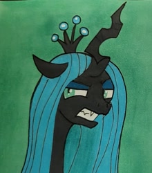 Size: 1483x1685 | Tagged: safe, artist:polar_storm, queen chrysalis, changeling, changeling queen, canterlot wedding 10th anniversary, g4, angry, colored background, crown, female, green background, green eyes, jewelry, regalia, simple background, solo, traditional art