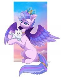 Size: 809x1027 | Tagged: safe, artist:nightcallerdraws, artist:scribble, cloudpuff, queen haven, dog, flying pomeranian, pegasus, pomeranian, pony, g5, adorahaven, colored wings, crown, cute, duo, female, jewelry, mare, multicolored wings, partially open wings, regalia, smiling, winged dog, wings