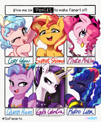 Size: 2157x2622 | Tagged: safe, artist:maren, cozy glow, pinkie pie, princess celestia, princess luna, queen haven, sunset shimmer, alicorn, earth pony, pegasus, pony, unicorn, between dark and dawn, g4, g5, 80s princess luna, bandana, bits, choker, cozybetes, cute, eye clipping through hair, eyebrows, eyebrows visible through hair, female, filly, foal, frown, glowing, glowing eyes, glowing horn, group, high res, horn, looking at you, lunabetes, magic, magic aura, mare, mouth hold, one eye closed, open mouth, open smile, punklestia, royal sisters, sextet, siblings, sisters, six fanarts, smiling, spiked choker, telekinesis, text, wink