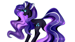 Size: 800x450 | Tagged: safe, artist:buvanybu, nightmare rarity, pony, unicorn, g4, blue eyes, butt, crown, ethereal mane, ethereal tail, female, flowing mane, flowing tail, gem, glowing, horn, jewelry, looking back, mare, plot, purple mane, purple tail, regalia, simple background, smiling, solo, tail, white background