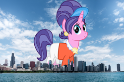 Size: 1920x1280 | Tagged: safe, artist:thegiantponyfan, artist:vector-brony, cookie crumbles, pony, unicorn, g4, chicago, clothes, ear piercing, female, giant pony, giant unicorn, giantess, highrise ponies, illinois, irl, jewelry, looking at you, macro, mare, mega giant, photo, piercing, ponies in real life, smiling, solo
