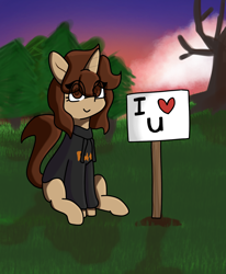 Size: 1400x1700 | Tagged: safe, artist:seylan, oc, oc only, pony, unicorn, clothes, digital art, eye clipping through hair, hoodie, i <3 u, looking at you, outdoors, sign, sitting, smiling, smiling at you, solo, sunrise