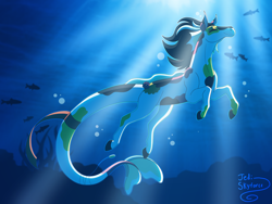 Size: 4800x3600 | Tagged: safe, artist:jedi-skyforce, oc, oc only, fish, hybrid, merpony, pony, bubble, crepuscular rays, digital art, dorsal fin, eyes closed, fish tail, flowing mane, flowing tail, koi pony, ocean, seaweed, signature, solo, sunlight, swimming, tail, underwater, water