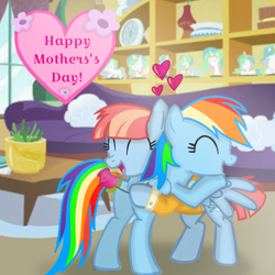 Size: 720x720 | Tagged: safe, artist:mlplary6, rainbow dash, windy whistles, pegasus, pony, g4, ^^, butt, butt touch, eyes closed, female, flower, heart, hoof on butt, hug, mare, mother and child, mother and daughter, mother's day, plot, rose, smiling