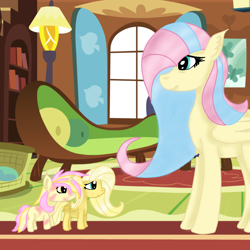 Size: 1000x1000 | Tagged: safe, artist:artiststr, fluttershy, oc, oc:psychoshy, oc:rosy gleam, pegasus, pony, unicorn, fallout equestria, g4, female, filly, fluttershy's cottage, foal, mother and child, mother and daughter, mother's day, parent:fluttershy, pink cloud (fo:e)