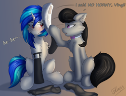 Size: 5125x3917 | Tagged: safe, artist:flapstune, dj pon-3, octavia melody, vinyl scratch, earth pony, pony, unicorn, g4, bonk, bowtie, chest fluff, clothes, dialogue, duo, duo female, ear fluff, female, fluffy, horn, lesbian, mare, newspaper, pun, red eyes, ship:scratchtavia, shipping, signature, simple background, sitting, socks, visual pun