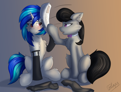 Size: 5125x3917 | Tagged: safe, alternate version, artist:flapstune, dj pon-3, octavia melody, vinyl scratch, earth pony, pony, unicorn, g4, bonk, bowtie, chest fluff, clothes, duo, duo female, ear fluff, female, fluffy, horn, lesbian, mare, newspaper, red eyes, shipping, signature, simple background, sitting, socks