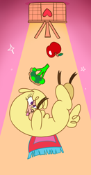 Size: 1566x3000 | Tagged: safe, artist:nonameorous, paprika (tfh), alpaca, them's fightin' herds, apple, basket, broccoli, cloven hooves, community related, food, pink background, purple eyes, simple background, tongue out, yellow background