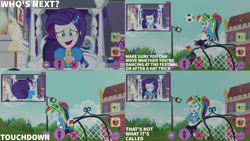 Size: 1280x720 | Tagged: safe, edit, edited screencap, editor:quoterific, screencap, rainbow dash, rarity, human, equestria girls, equestria girls series, festival looks, g4, spoiler:eqg series (season 2), canterlot high, crossed arms, duo, duo female, eyes closed, female, football, geode of shielding, geode of super speed, magical geodes, music festival outfit, open mouth, open smile, smiling, sports, text