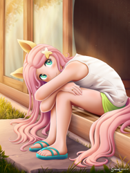 Size: 1800x2400 | Tagged: safe, artist:symbianl, fluttershy, human, g4, blushing, clothes, cute, eared humanization, feet, hairpin, high res, humanized, jewelry, looking at you, nail polish, pony ears, ring, sandals, shorts, shyabetes, signature, sitting, smiling, smiling at you, solo, tail, tailed humanization, tank top, toenail polish