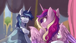 Size: 1376x774 | Tagged: safe, artist:aarops, princess cadance, shining armor, alicorn, pony, unicorn, canterlot wedding 10th anniversary, g4, bed, bed hair, blanket, couple, spread wings, wings