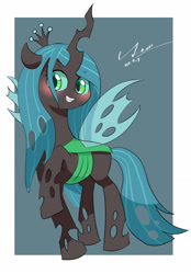 Size: 2406x3451 | Tagged: safe, artist:leo19969525, queen chrysalis, changeling, changeling queen, pony, canterlot wedding 10th anniversary, g4, blushing, crown, cute, cutealis, female, flying, green eyes, high res, horn, jewelry, looking at you, regalia, simple background, smiling, solo, tack, tail, wings