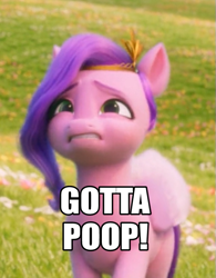 Size: 577x738 | Tagged: safe, edit, edited screencap, screencap, pipp petals, pegasus, pony, g5, my little pony: a new generation, spoiler:my little pony: a new generation, caption, female, gritted teeth, image macro, mare, need to poop, potty emergency, potty time, solo, teeth, text